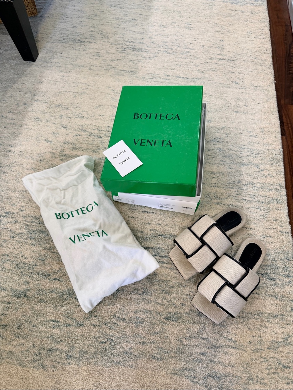 Bottega Veneta Cream Woven Leather Slide Sandals with Black Trim